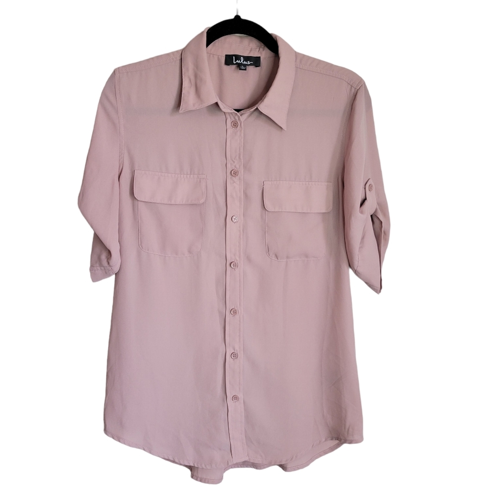 Lulus Blush Pink Utility Blouse Large Button Front Roll Tab Sleeve Workwear Top
